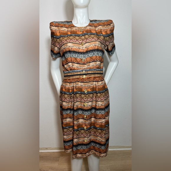 Vintage Positive Attitude Brown and Tan Midi Dress Size 12 - Picture 2 of 13